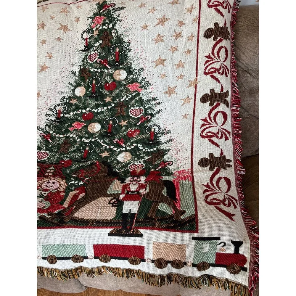 Vintage Holiday Tapestry Throw Blanket With Christmas Tree, Toys Train warm Gift